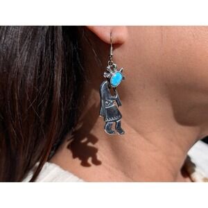 Zuni Turquoise Inlay Earrings Native American Handmade Jewelry Kokopelli **‎